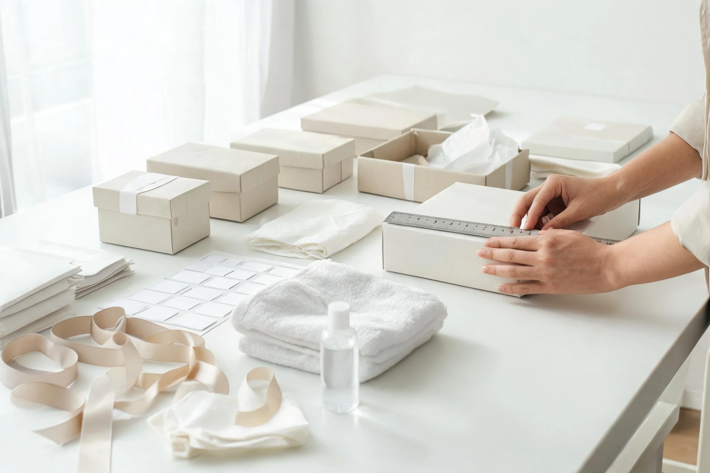 Custom packaging formats arranged around hotel supplies