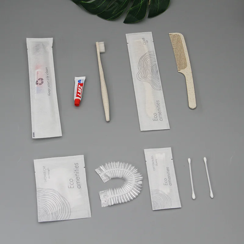 Oem 豪华环保认证 Fsc 纸盒 可回收酒店干式洗漱用品 牙具套装 剃须套装 梳子 浴帽 梳妆套装