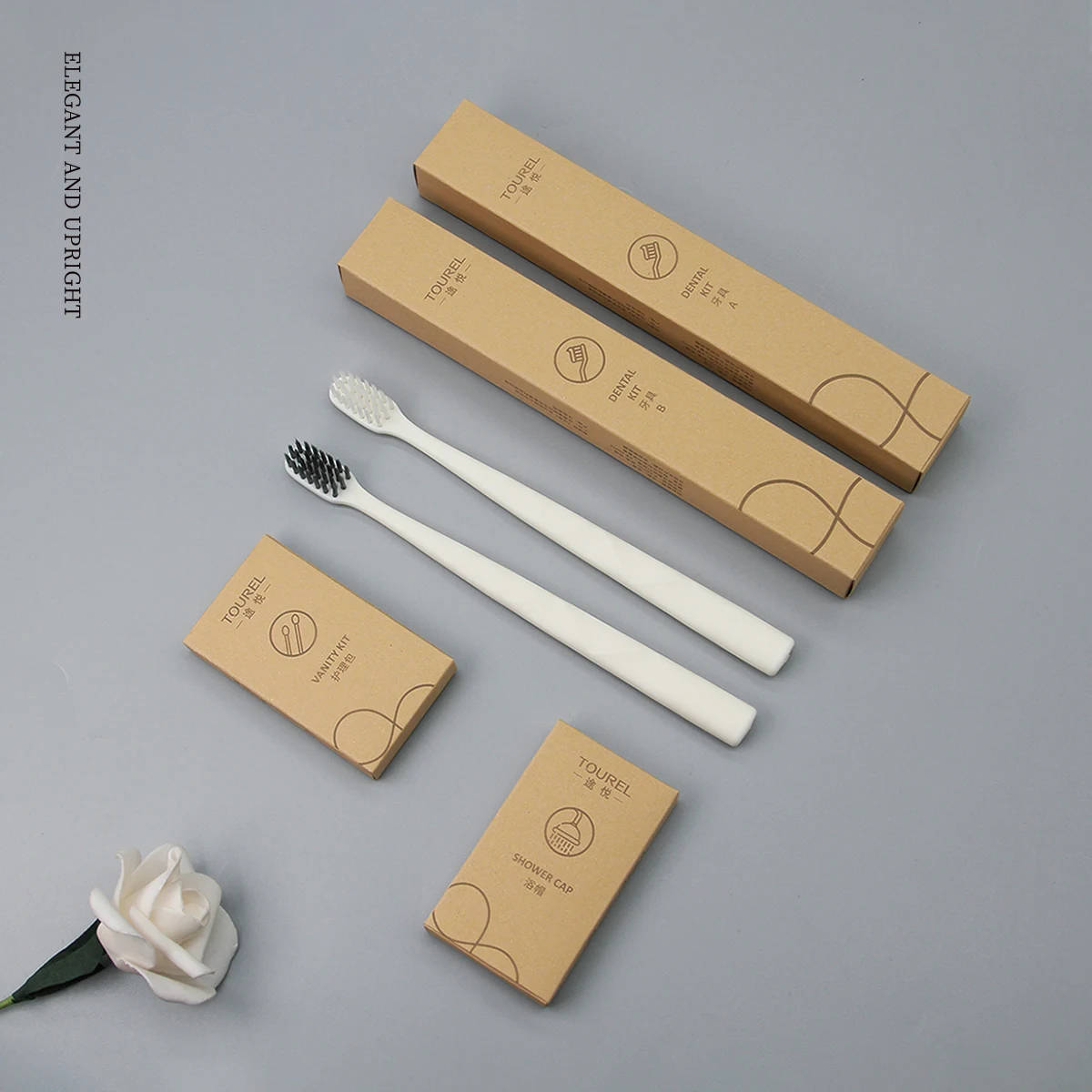 Kit de produits de toilette jetables biodégradables écologiques de luxe personnalisé OEM 5 étoiles pour invités, ensemble d'accessoires pour commodités de salle de bain d'hôtel