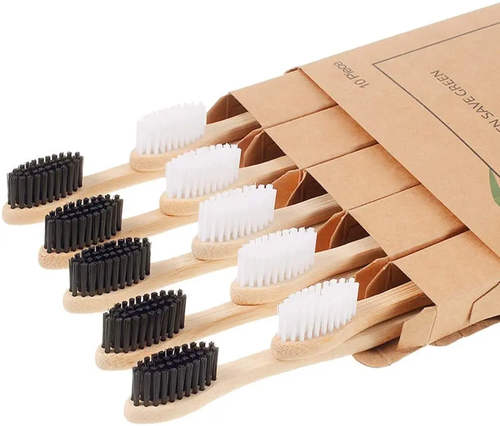 Paquete de 10 cepillos de dientes de cerdas suaves sin BPA, ecol&oacute;gicos, compostables, de madera natural de bamb&uacute;
