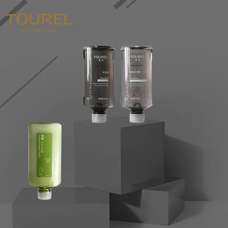 Set de amenities de ba&ntilde;o para hotel personalizado de 400 ml tipo M, dispensador de pared de pl&aacute;stico para champ&uacute; y gel de ducha, juego dos en uno
