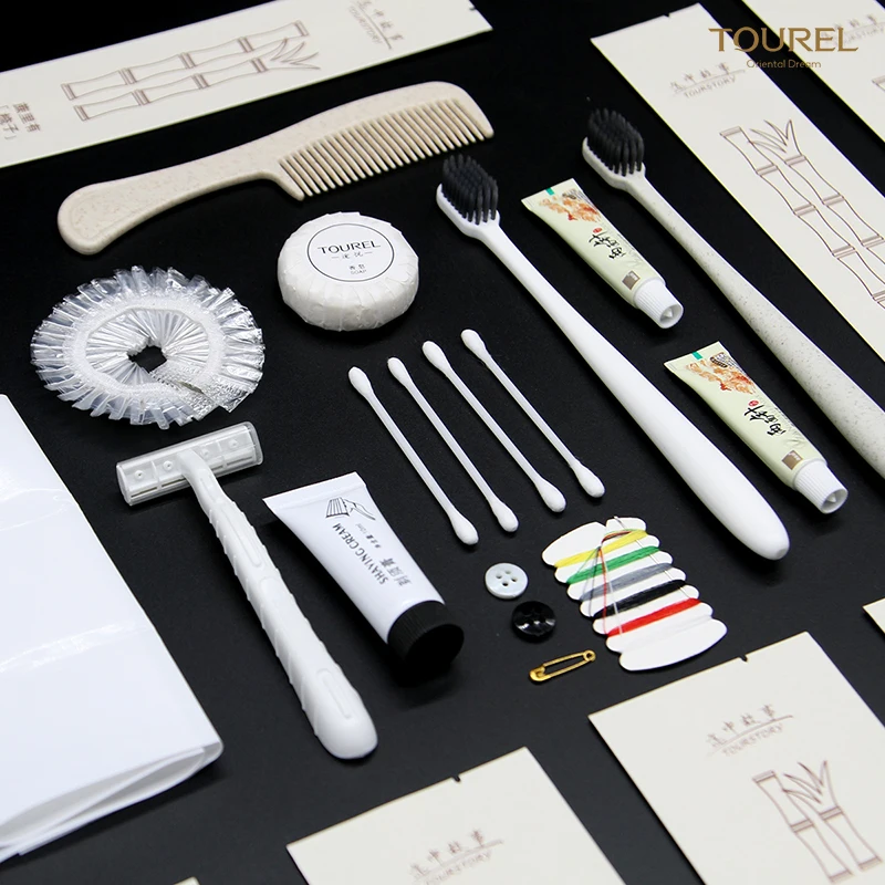 Set de art&iacute;culos de tocador personalizado en papel de ca&ntilde;a de az&uacute;car ecol&oacute;gico con impresi&oacute;n de logotipo para hoteles y amenidades de viaje