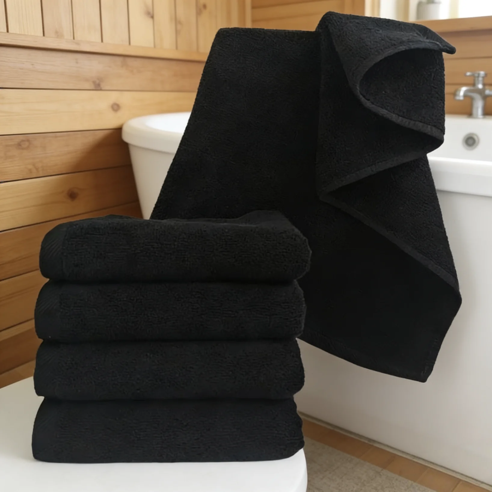 Serviette en coton biologique noir personnalis&eacute;e &agrave; s&eacute;chage rapide pour adultes, tiss&eacute;e unie pour salon de manucure ou usage domestique, ensemble de serviettes de bain