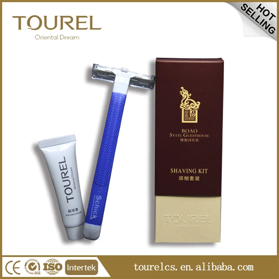 Kit de rasage jetable bon marché pour hôtel avec manche épais et emballage en boîte en papier, avec crème à raser