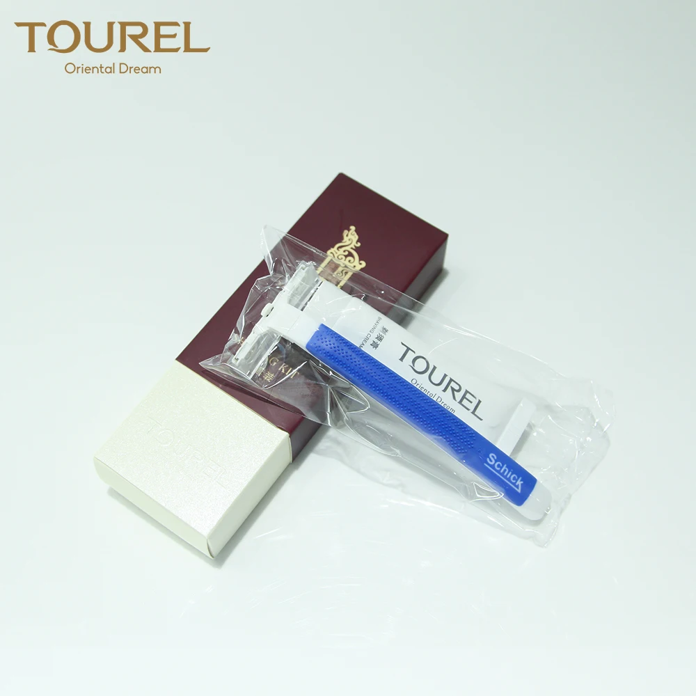 Kit de rasage jetable bon marché pour hôtel avec manche épais et emballage en boîte en papier, avec crème à raser